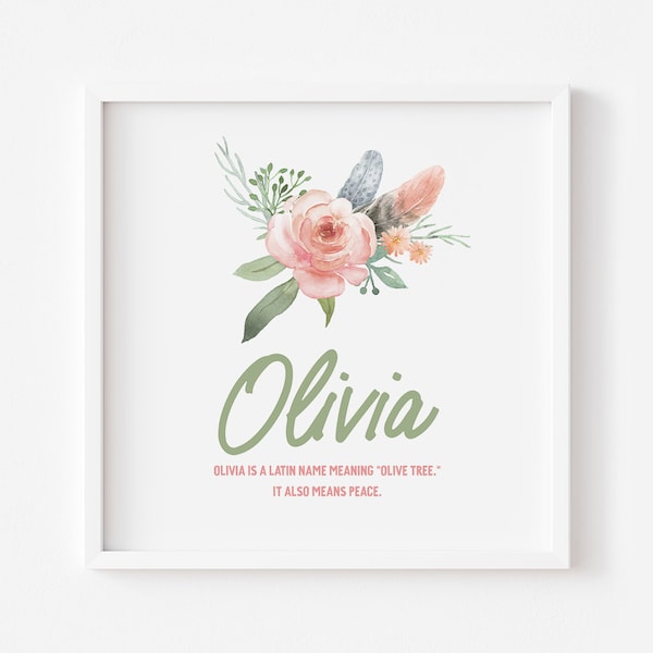 Digital Imprimible BABY NAME Significado con Acuarela Floral / OLIVIA / puede personalizar