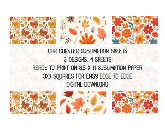 Láminas de sublimación para posavasos de coche con temática otoñal, vasos y lazos, hojas de otoño, flores, 3 diseños, archivos JPG listos para imprimir de 8.5 x 11 pulgadas, descarga digital.