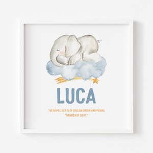 18x18 DIGITAL PRINTABLE Baby Name LUCA with name meaning and Elephant, Baby Name Nursery Art -Customizable