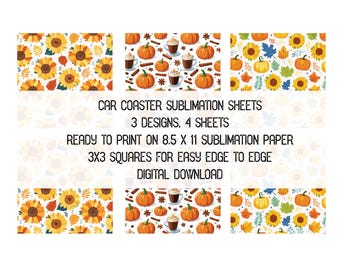 Láminas de sublimación para posavasos de coche con temática otoñal: girasoles, calabaza especiada, 3 diseños, archivos JPG listos para imprimir (8.5 x 11 pulgadas), descarga digital para aficionados a las manualidades.