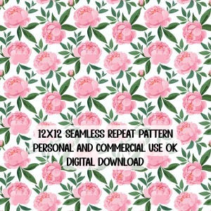 Seamless Pattern, Watercolor Pink Peony Flowers, Spring, digital file, personal & commercial use, digital paper, scrapbooking, journal paper