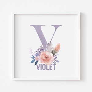14x14 Digital Printable BABY NAME with Initial with Boho Floral Watercolor Violet Letter