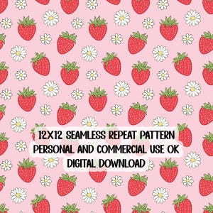 Pode incluir: Um padrão repetido sem costura com morangos vermelhos e margaridas brancas sobre um fundo rosa. O texto "12X12 Seamless Repeat Pattern Personal and Commercial Use OK Digital Download" está na parte inferior da imagem.