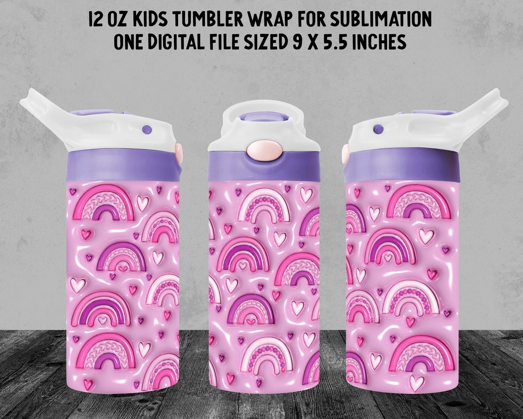 12oz Kids 3D Inflated PUFFY TUMBLER Wrap, Purple & Pink Rainbows Hearts, Childrens Cup
