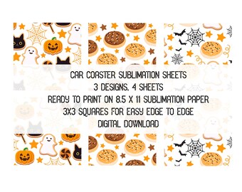 Láminas de sublimación para posavasos de galletas de Halloween, 3 diseños, archivos JPG listos para imprimir de 8.5 x 11 pulgadas, descarga digital de gato calabaza fantasma para manualidades.