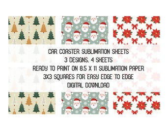 Láminas de sublimación para posavasos de coche con temática navideña, árboles vintage, Papá Noel, 3 diseños, archivos JPG listos para imprimir de 8.5 x 11 pulgadas, descarga digital.