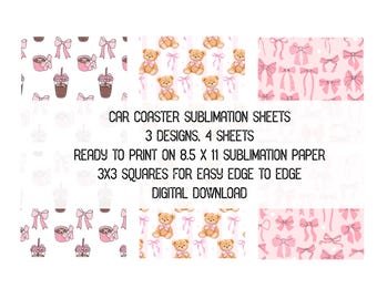 Láminas de sublimación para posavasos con temática de coquetería, lazos, osos y café helado, 3 diseños, archivos JPG listos para imprimir de 8.5 x 11 pulgadas, descarga digital.