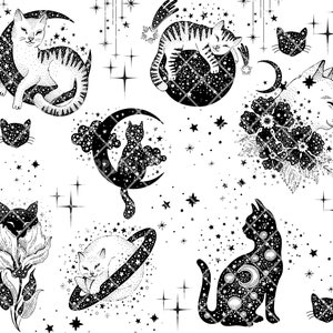Pode incluir: Ilustra&ccedil;&atilde;o em preto e branco de gatos em v&aacute;rios cen&aacute;rios celestiais. Os gatos s&atilde;o retratados em uma variedade de poses, incluindo dormir, sentar e ficar em p&eacute;. Os cen&aacute;rios celestiais incluem luas, estrelas e planetas. A ilustra&ccedil;&atilde;o &eacute; uma representa&ccedil;&atilde;o caprichosa e m&aacute;gica de gatos no c&eacute;u noturno.