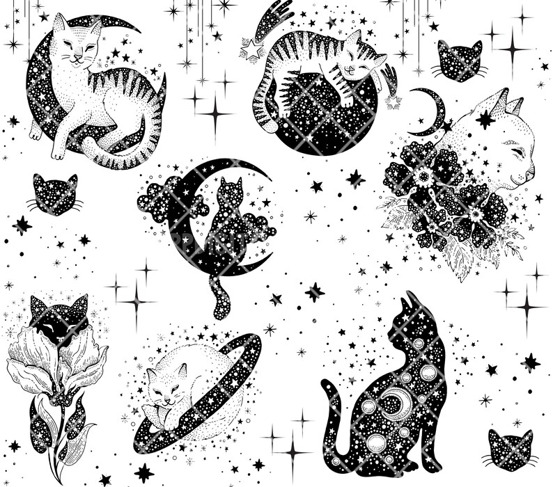 Pode incluir: Ilustra&ccedil;&atilde;o em preto e branco de gatos em v&aacute;rios cen&aacute;rios celestiais. Os gatos s&atilde;o retratados em uma variedade de poses, incluindo dormir, sentar e ficar em p&eacute;. Os cen&aacute;rios celestiais incluem luas, estrelas e planetas. A ilustra&ccedil;&atilde;o &eacute; uma representa&ccedil;&atilde;o caprichosa e m&aacute;gica de gatos no c&eacute;u noturno.