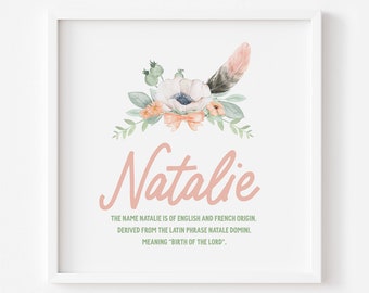 Digital Printable BABY NAME Meaning with Floral Watercolor | NATALIE | can customize