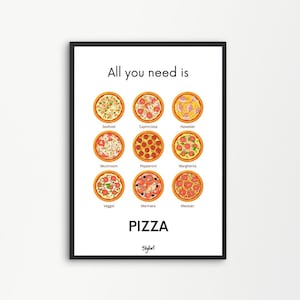 May include: A white poster with the text "All you need is" and a grid of nine different pizza illustrations. Each pizza has a different topping and is labeled with its name. The poster also includes the word "PIZZA" and the text "Shyllort".