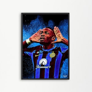 May include: A digital painting of a soccer player wearing a blue and brown jersey with the text "Paramount+" on the front. The player is celebrating a goal with his hands over his head. The background is a blue and black starry sky.