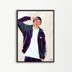 May include: A man wearing a black jacket with white stripes and a white t-shirt underneath. He is wearing a black beanie and has his hand raised to his forehead in a salute. The background is a light beige color.