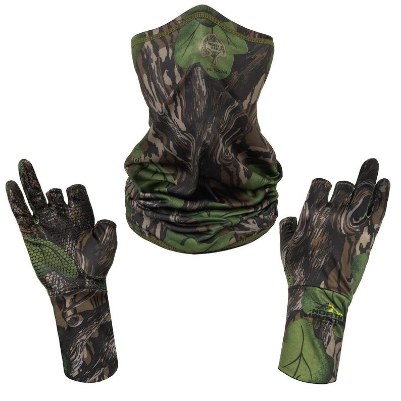 May include: A camouflage hunting set including a neck gaiter and fingerless gloves. The set is predominantly brown and green with a leaf pattern. The gloves have a wrist cuff with text. The neck gaiter is a tube shape.