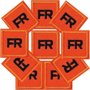 May include: A collection of orange square patches with the letters "FR" embroidered in black. Each patch has a contrasting orange border. The patches are arranged in a circular pattern.