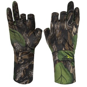 May include: Camouflage hunting gloves with open fingertips and thumb. The gloves have a green, brown, and black pattern. The words "NORTH MOUNTAIN" are printed on the wrist area. Designed for outdoor activities, these gloves are ideal for hunting.