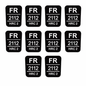 Puede incluir: Una colección de diez pegatinas rectangulares negras con texto blanco. Cada pegatina dice "FR", "2112" y "HRC 2". Las pegatinas están dispuestas en un patrón de cuadrícula sobre un fondo blanco.