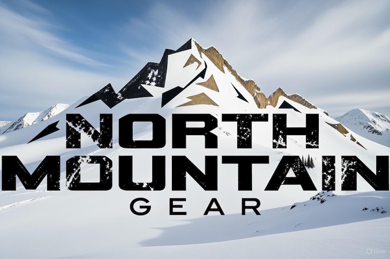 May include: A snowy mountain range under a blue sky with the words "NORTH MOUNTAIN GEAR" in bold, black, distressed font. The image evokes a sense of adventure and suggests outdoor equipment or apparel.