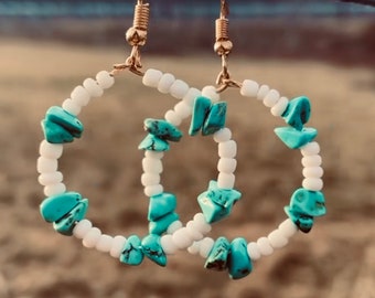 White Beaded 1inch Hoops With Fake Turquoise