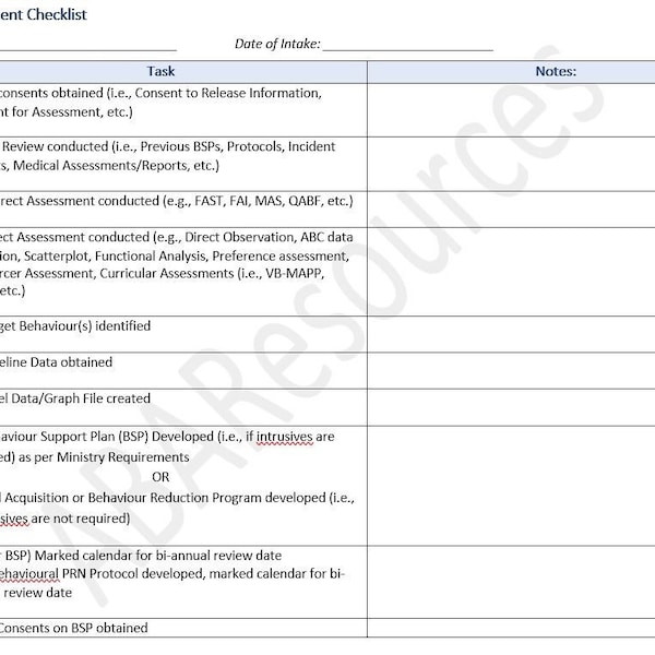 BCBA New Client Checklist | Intake Checklist ABA | Applied Behaviour Analysis Checklist for BTs/BCBAs | Editable Word Doc