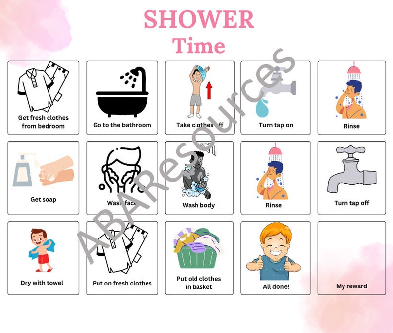Showering Visual Schedule | Visual Task Analysis for Showering | Autism | Visual Task List ...