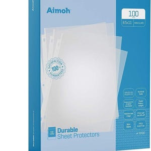 May include: A pack of 100 clear, non-glare 8.5x11 inch sheet protectors. The pack is blue and white and says "Aimoh" and "Durable Sheet Protectors".