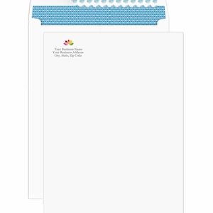 May include: A white envelope with a blue and white patterned border. The envelope has a clear adhesive strip and a return address label with the text "Your Business Name, Your Business Address, City, State, Zip Code".