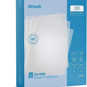 May include: A pack of 200 clear 8.5x11 inch sheet protectors. The package is blue and white and says "Aimoh Durable Sheet Protectors" and "100% Satisfaction Guaranteed".