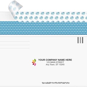 May include: White envelope with a blue patterned border and a return address label. The label includes the text "YOUR COMPANY NAME HERE", "123 MAIN STREET", and "Any Town, ST 13245". A colorful flower logo is also included on the label.