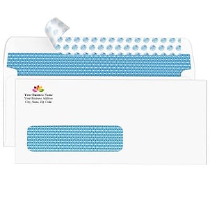 May include: White envelope with a window, blue and white patterned design, and a space for a return address. The return address area includes the text "Your Business Name", "Your Business Address", and "City, State, Zip Code".