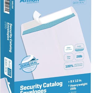 May include: A pack of 100 white wove security catalog envelopes with a quick seal closure. The envelopes are 9x12 inches and are 28lb weight. The packaging features the Aimoh logo and the text "Security Catalog Envelopes".
