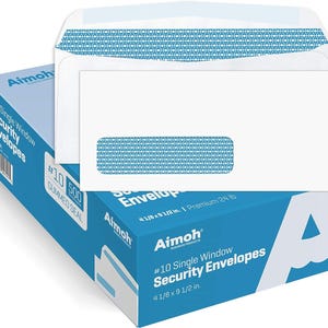 May include: A pack of 500 white #10 single window security envelopes with a gummed seal. The envelopes are 4 1/8 by 9 1/2 inches and are made of 24 lb premium paper.