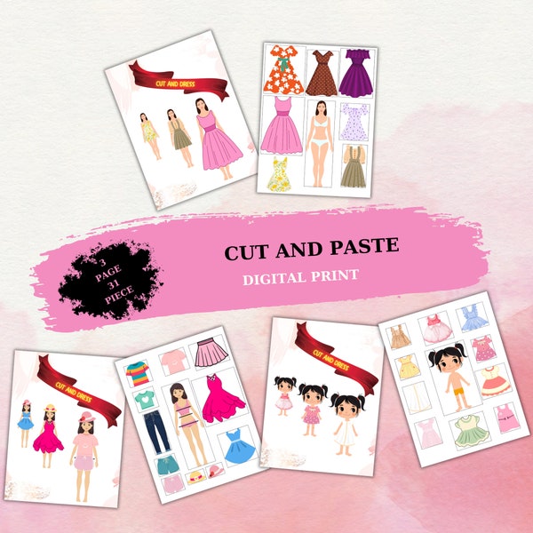 3 Page Cut and Paste Activity Book, Cut and Dress, 3 Body and 29 Piece Dress.