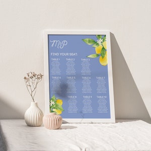 Italian Lemon Seating Chart - Blue, Yellow & Green | Wedding | Hand-Illustrated Digital Template | Mediterranean Citrus