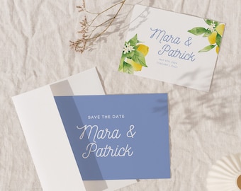 Italian Lemon Wedding Save The Date - Blue, Yellow & Green | Hand-Illustrated Digital Template | Mediterranean Citrus