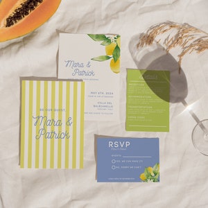 Faire-part de mariage italien citron - bleu, jaune et vert | Modèle numérique illustré à la main | Agrumes méditerranéens | RSVP et carte d'informations