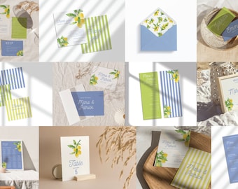 Italian Lemon FULL Bundle - Blue, Yellow & Green | Wedding Invitation | Hand-Illustrated Digital Template | Mediterranean Citrus