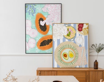 Table food prints | Set of Illustrations for kitchen or dining room | Digital Wall Art | Avocado and Papaya Print | Boho Aesthetic