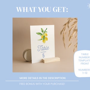 Italian Lemon Table Numbers Blue, Yellow & Green Hand-Illustrated Digital Template Mediterranean Citrus image 4