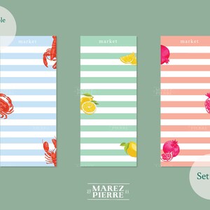May include: Set of three printable note pads with a striped design. The note pads feature a lobster, lemons, and a pomegranate. The text "market" is printed on each pad.