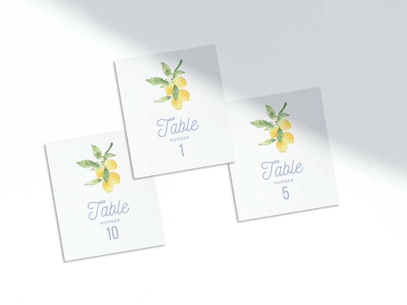 Italian Lemon Table Numbers Blue, Yellow & Green Hand-Illustrated Digital Template Mediterranean Citrus image 2