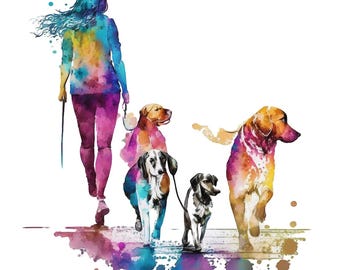 Cahaos an der Leine - AI Dog Walker Grafik (Digitale Datei) im Aquarell-Stil, Hundeliebhaber Grafik