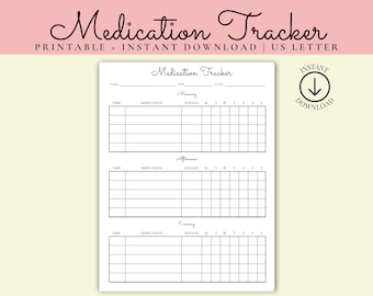 Op de afbeelding: Een printbare medicijn tracker met secties voor ochtend, middag en avond. De tracker bevat kolommen voor tijd, medicatie, dosering en dagen van de week.
