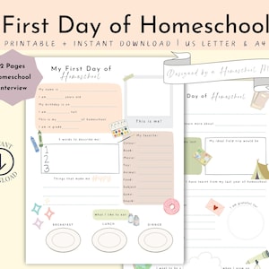 May include: Printable homeschool interview and day of homeschool journal pages. The pages are designed for a child to fill out on their first day of homeschool. The pages include prompts for the child to write about their favorite things, what they have learned, and what they are grateful for.