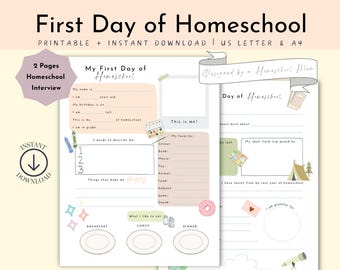 First Day of Homeschool Interview Printable All About Me Worksheet Homeschool Planner  First Day of School Back to School Learning Binder