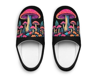 Slippers, Mushroom Neon Gender Neutral Psychedelic Forest Indoor Footwear, Men's Women's Unisex House Shoes, Holiday Gift Idea, Cozy Winter