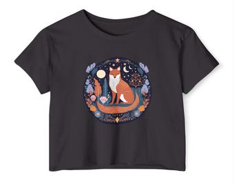 Fox Crop Top, Women's Festival Wear, Midnight Forest Design, Whimsical Cotton Shirt, High Waisted Skirt, Boho Top