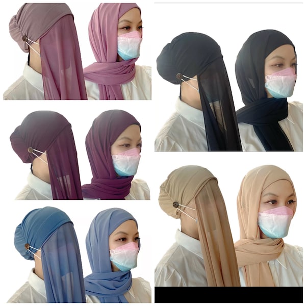 Instant Hijab with Attached Under Cap & Buttons to Wear Mask, Head Scarf, Head Wrap, Chiffon