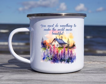 Enamel Lupine Mug inspired by Barbara Cooney&#39;s Miss Rumphius, The Lupine Lady Book lover, Make the world more Beautiful