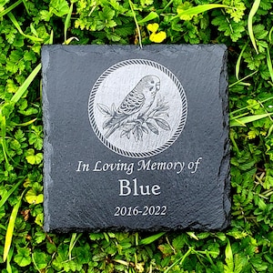May include: Black slate memorial stone with a engraved image of a budgie bird in a circle. The text "In Loving Memory of Blue 2016-2022" is engraved below the image.